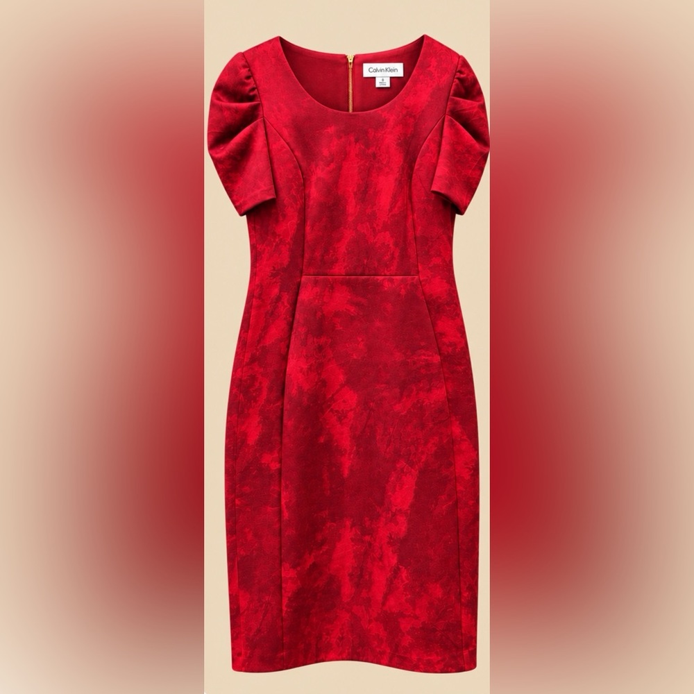 Calvin Klein Red Floral-Textured Midi Sheath Dress. NWT